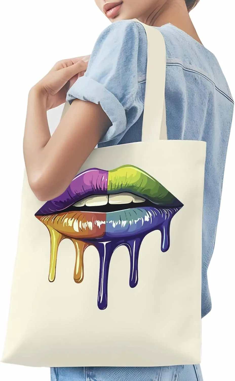 Canvas Tote Bag, Colorful Abstract Art Lips Aesthetic Canvas Tote Handbags for Women Shoulder Bag