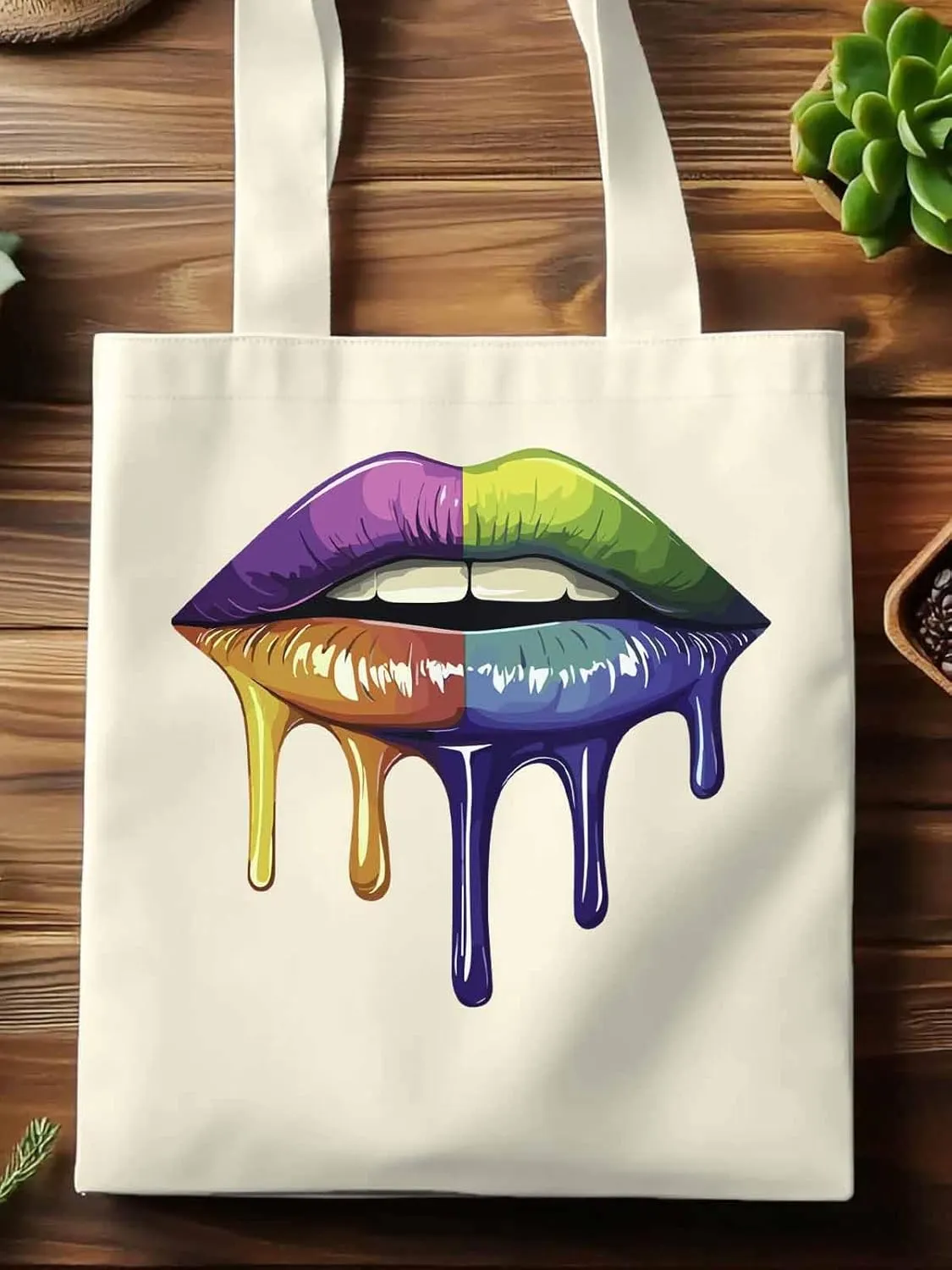 Canvas Tote Bag, Colorful Abstract Art Lips Aesthetic Canvas Tote Handbags for Women Shoulder Bag