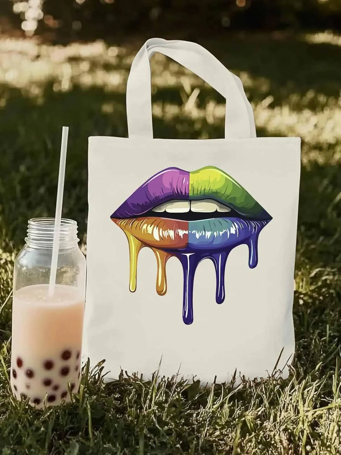 Canvas Tote Bag, Colorful Abstract Art Lips Aesthetic Canvas Tote Handbags for Women Shoulder Bag