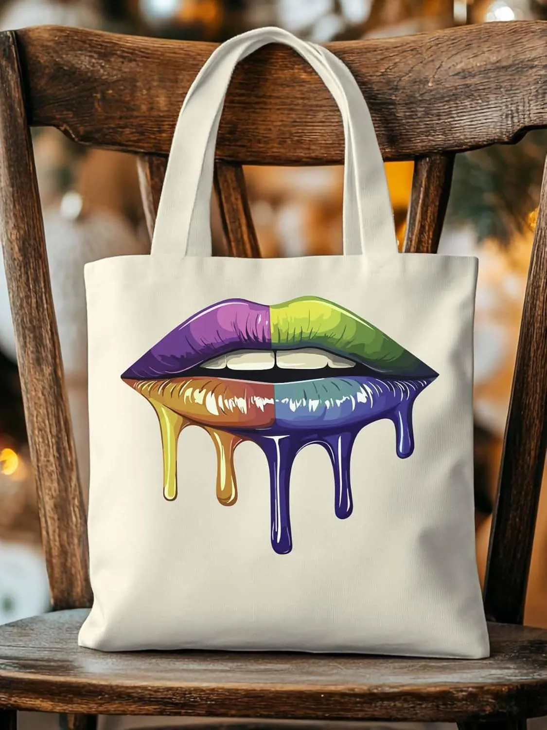 Canvas Tote Bag, Colorful Abstract Art Lips Aesthetic Canvas Tote Handbags for Women Shoulder Bag
