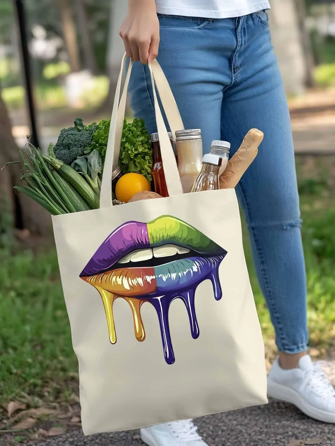 Canvas Tote Bag, Colorful Abstract Art Lips Aesthetic Canvas Tote Handbags for Women Shoulder Bag