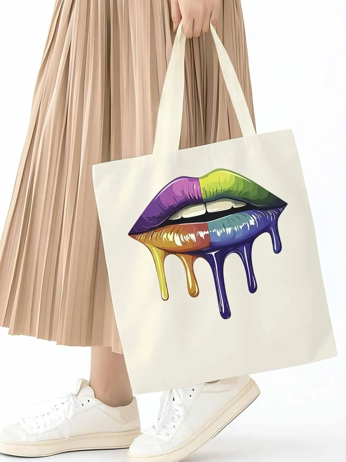 Canvas Tote Bag, Colorful Abstract Art Lips Aesthetic Canvas Tote Handbags for Women Shoulder Bag