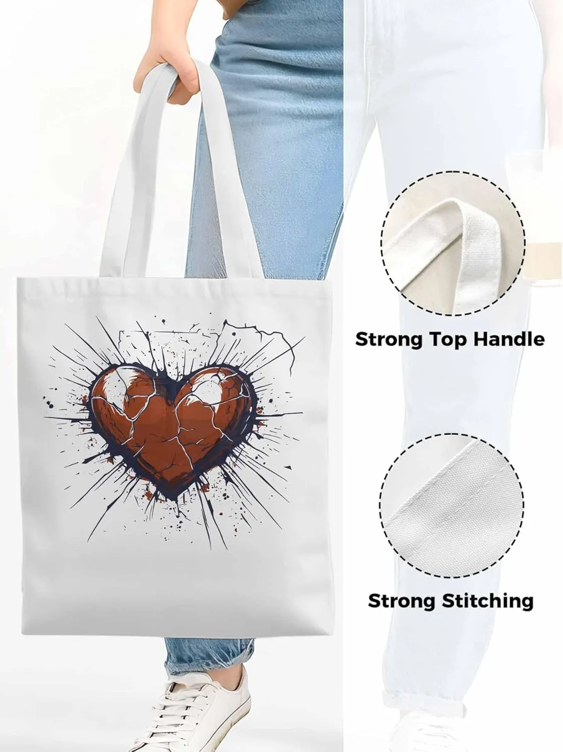 Canvas Tote Bag, Crack Love Heart Valentine's Day Aesthetic Canvas Tote Handbags for Women Shoulder Bag