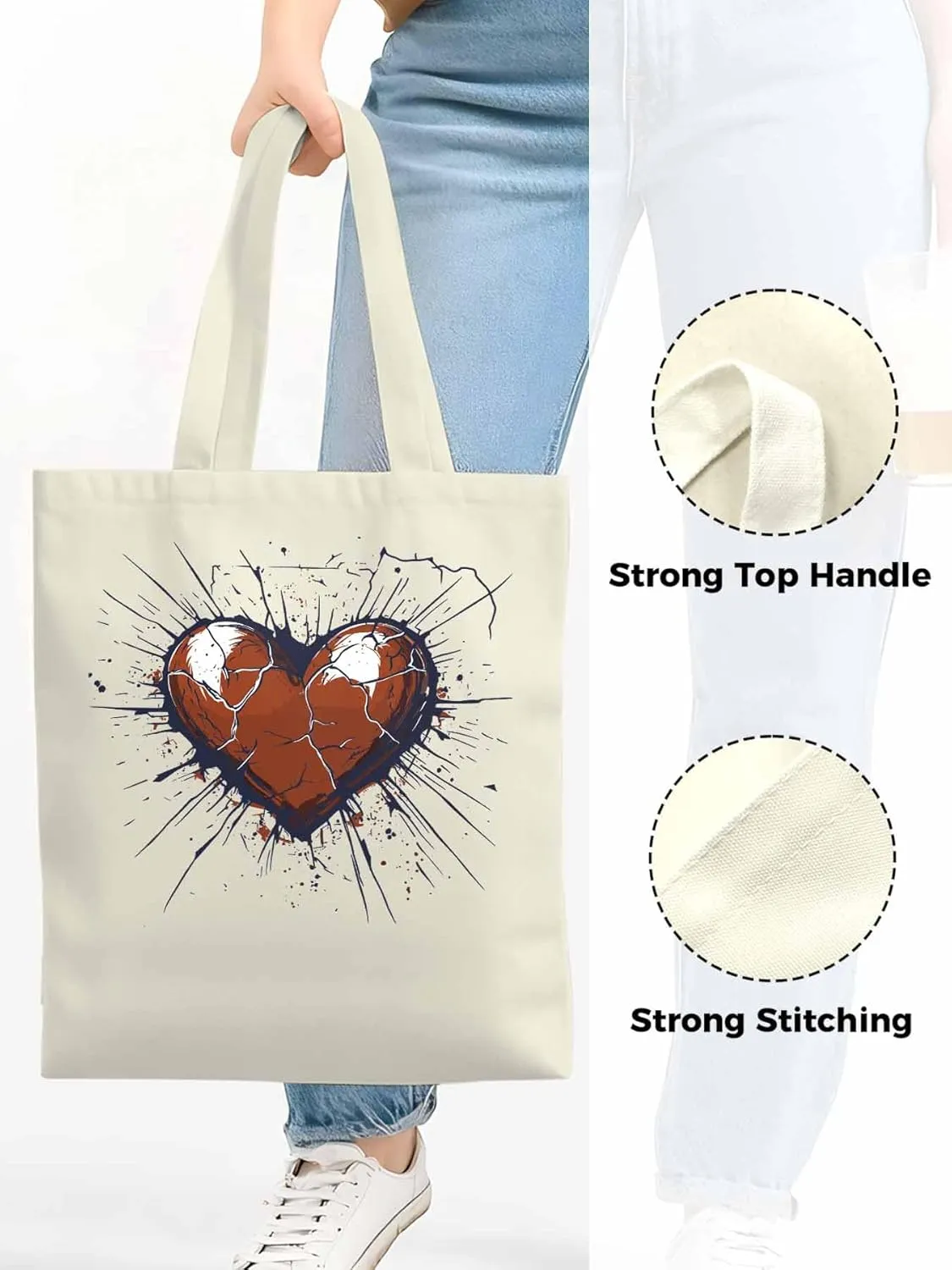 Canvas Tote Bag, Crack Love Heart Valentine's Day Aesthetic Canvas Tote Handbags for Women Shoulder Bag