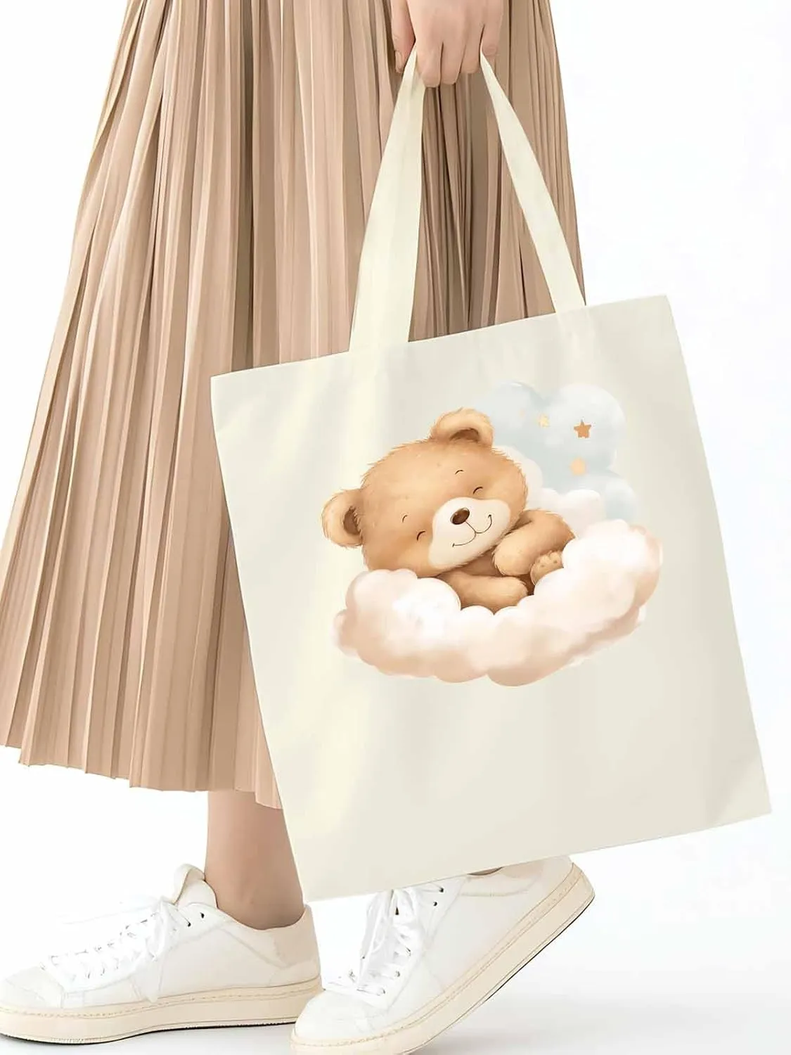 Canvas Tote Bag, Cute Animals Aesthetic Canvas Tote Handbags for Women Shoulder Bag Watercolor Clouds