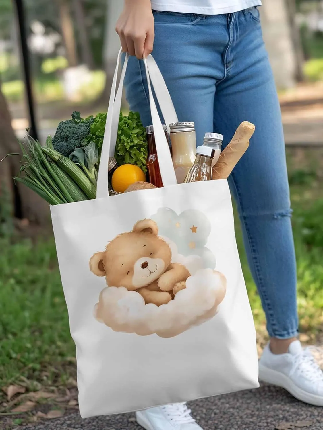 Canvas Tote Bag, Cute Animals Aesthetic Canvas Tote Handbags for Women Shoulder Bag Watercolor Clouds
