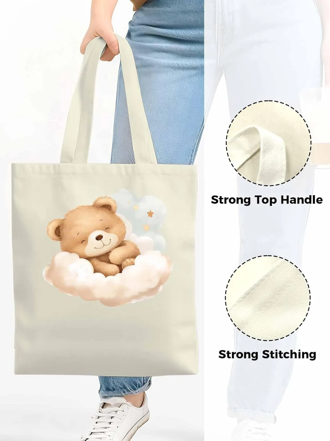 Canvas Tote Bag, Cute Animals Aesthetic Canvas Tote Handbags for Women Shoulder Bag Watercolor Clouds