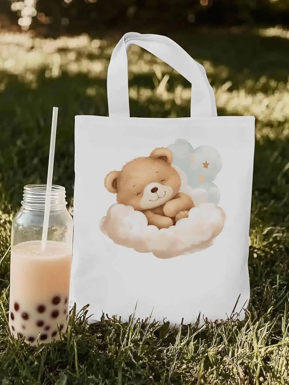 Canvas Tote Bag, Cute Animals Aesthetic Canvas Tote Handbags for Women Shoulder Bag Watercolor Clouds