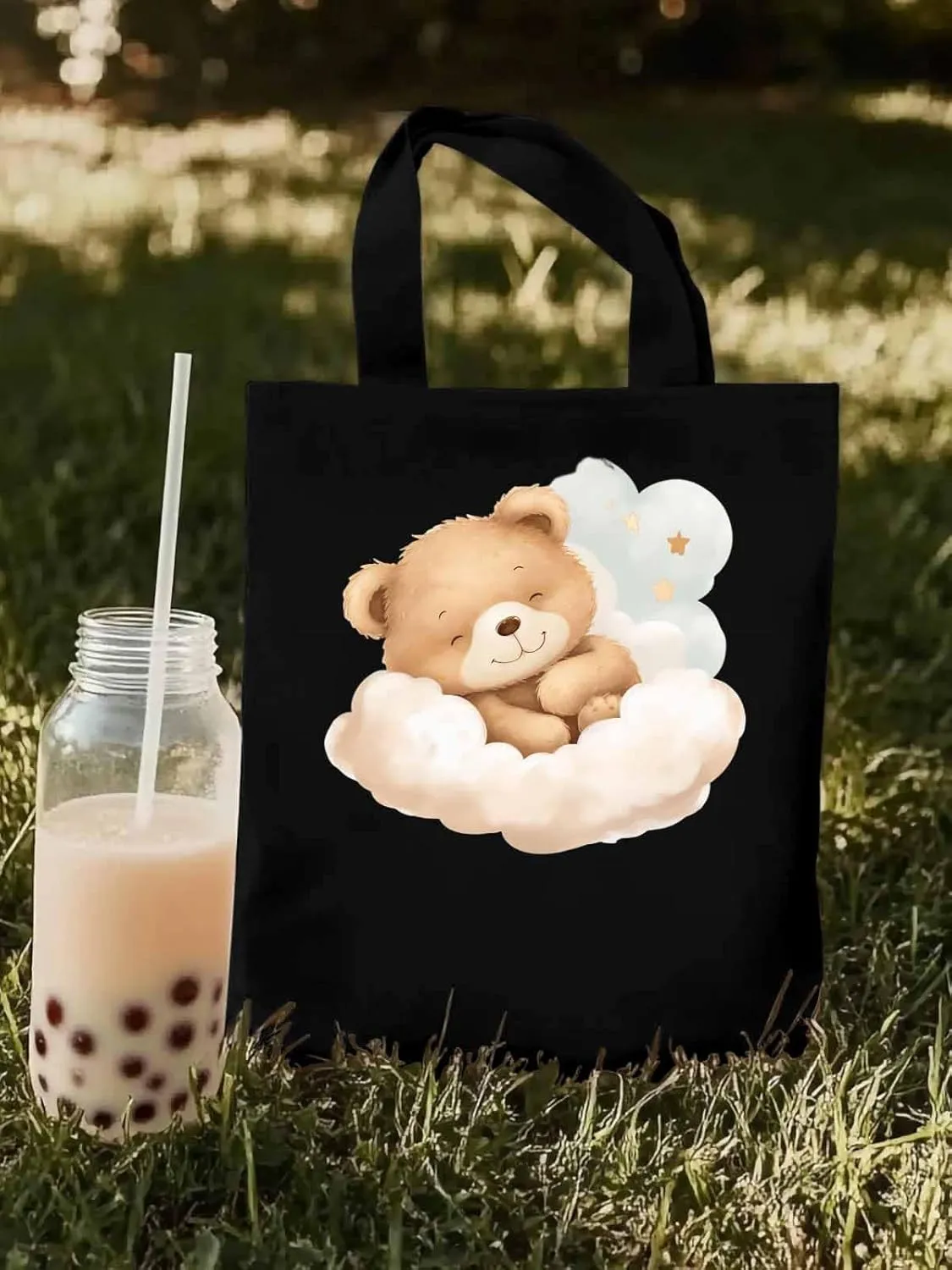 Canvas Tote Bag, Cute Animals Aesthetic Canvas Tote Handbags for Women Shoulder Bag Watercolor Clouds