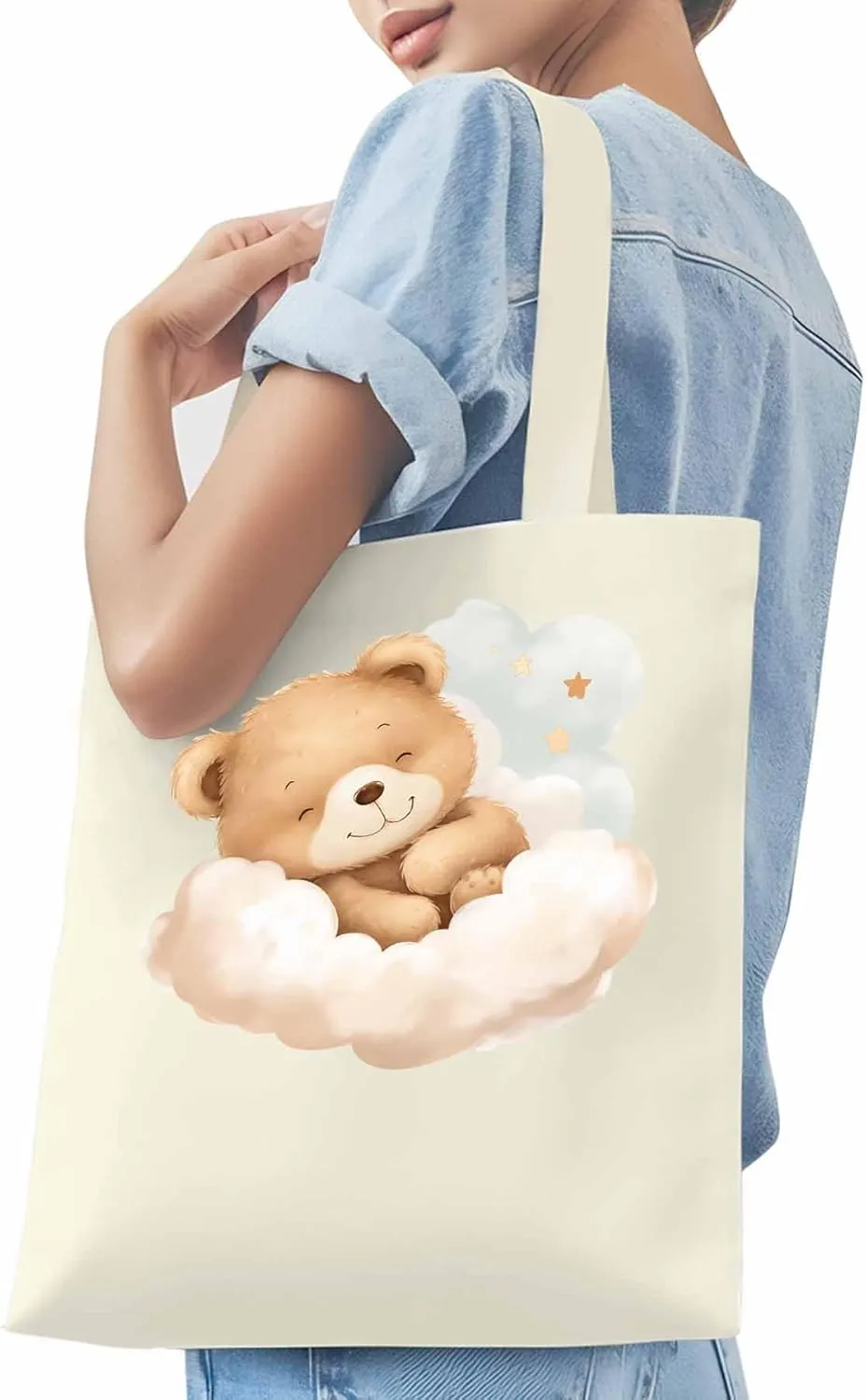 Canvas Tote Bag, Cute Animals Aesthetic Canvas Tote Handbags for Women Shoulder Bag Watercolor Clouds