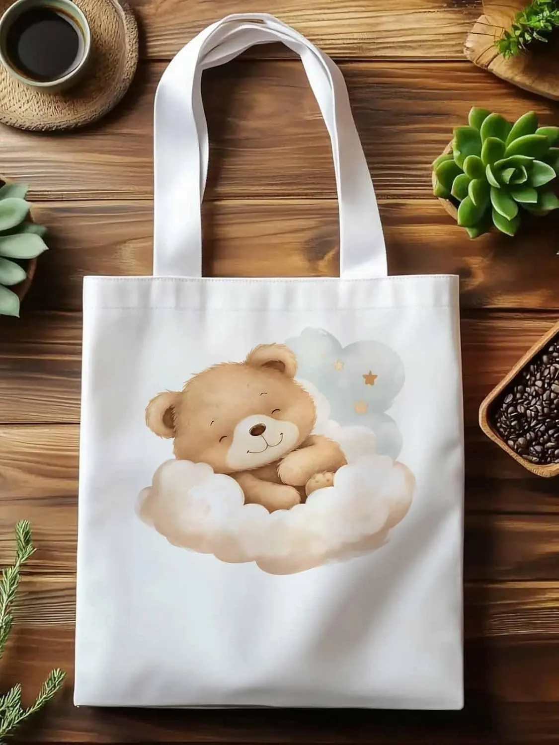 Canvas Tote Bag, Cute Animals Aesthetic Canvas Tote Handbags for Women Shoulder Bag Watercolor Clouds