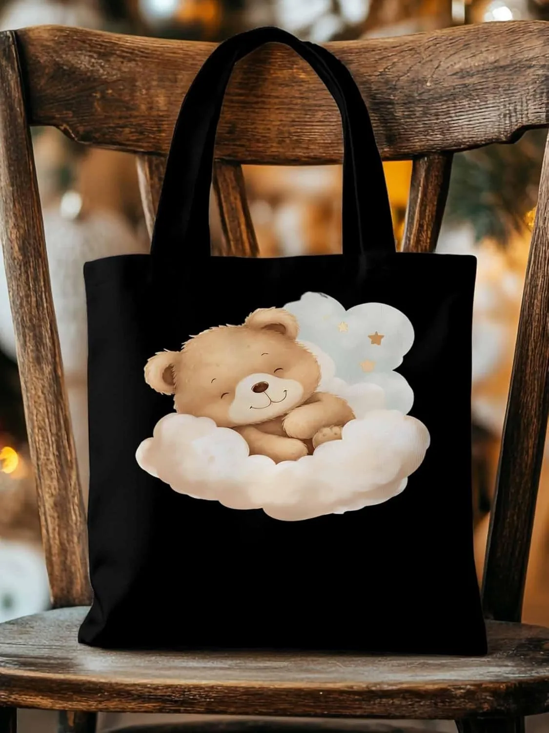 Canvas Tote Bag, Cute Animals Aesthetic Canvas Tote Handbags for Women Shoulder Bag Watercolor Clouds