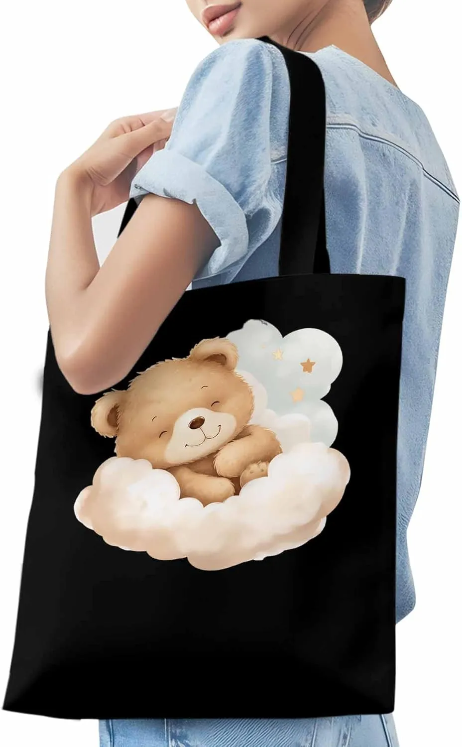 Canvas Tote Bag, Cute Animals Aesthetic Canvas Tote Handbags for Women Shoulder Bag Watercolor Clouds
