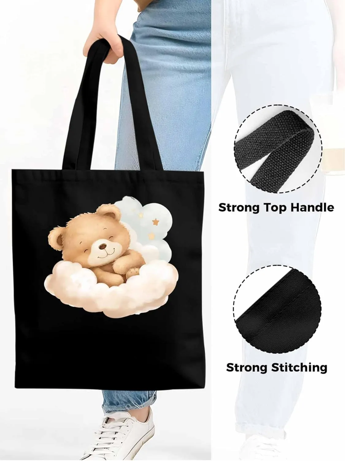 Canvas Tote Bag, Cute Animals Aesthetic Canvas Tote Handbags for Women Shoulder Bag Watercolor Clouds