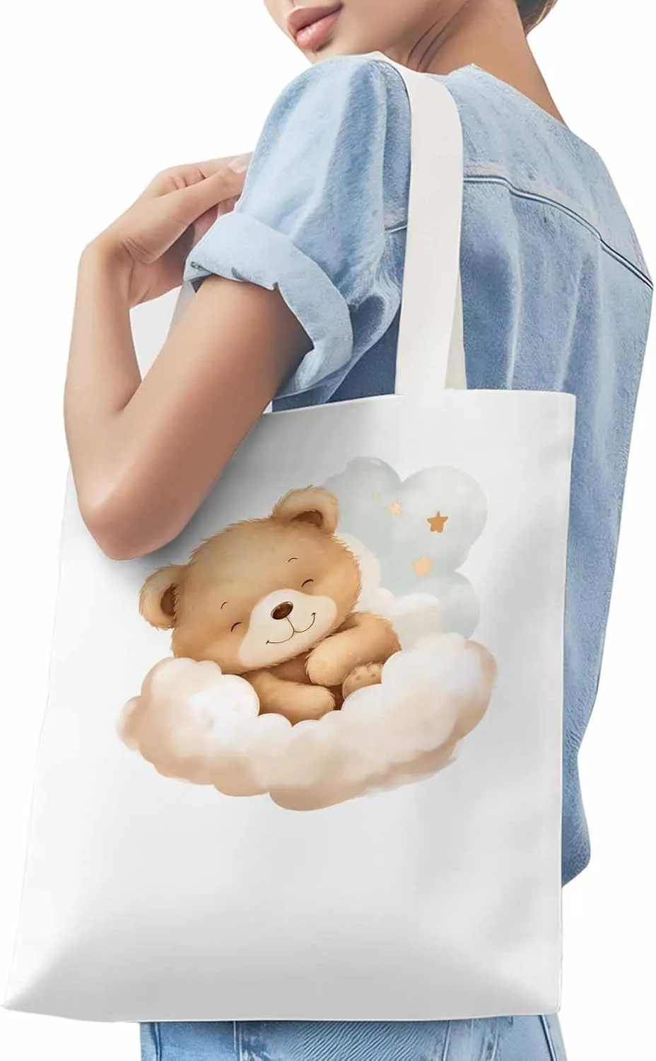 Canvas Tote Bag, Cute Animals Aesthetic Canvas Tote Handbags for Women Shoulder Bag Watercolor Clouds