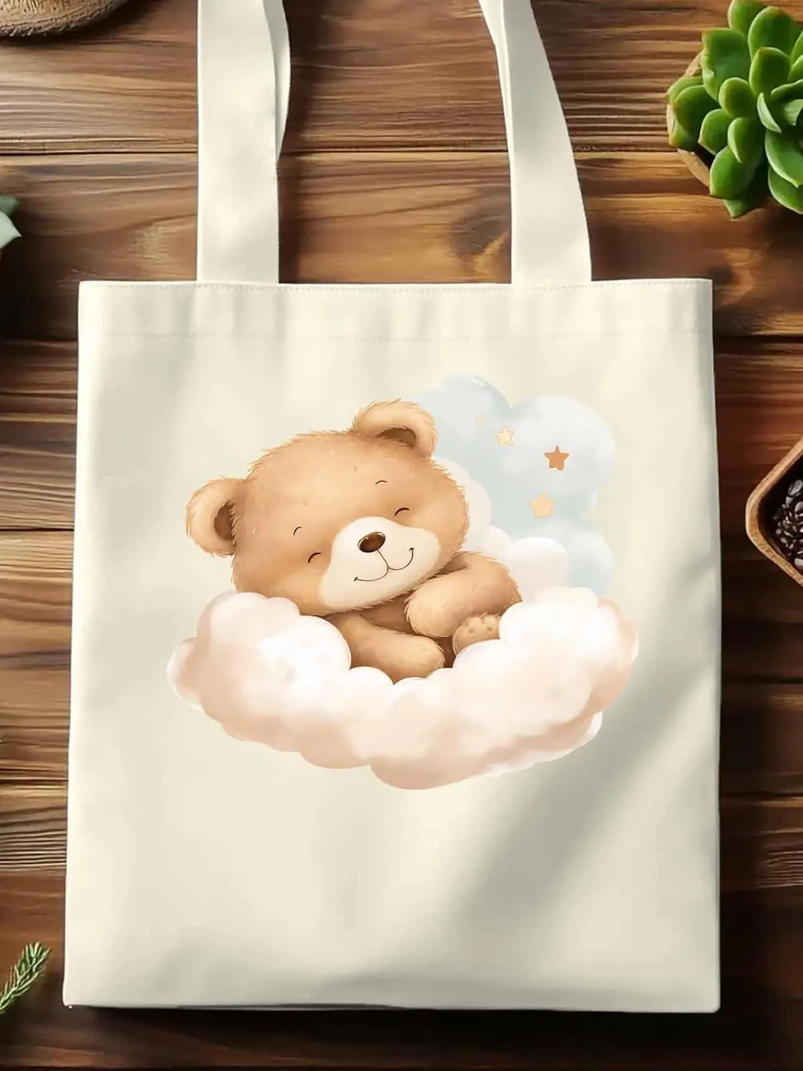 Canvas Tote Bag, Cute Animals Aesthetic Canvas Tote Handbags for Women Shoulder Bag Watercolor Clouds