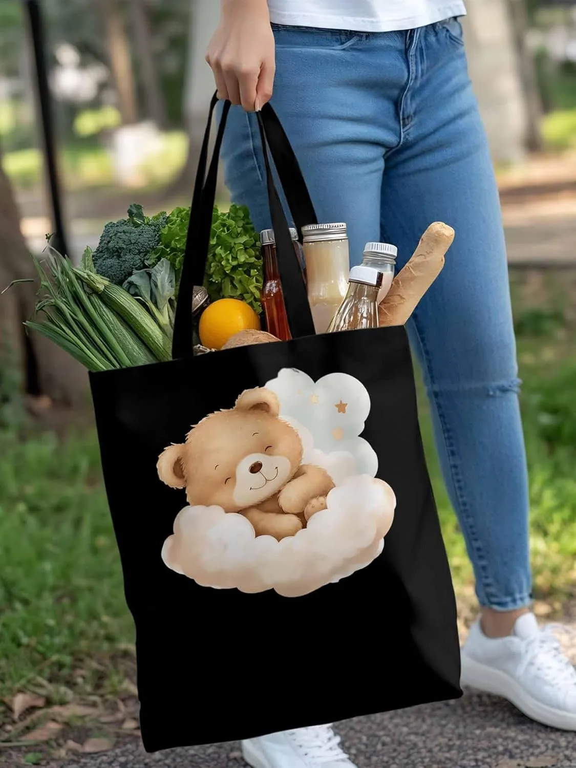 Canvas Tote Bag, Cute Animals Aesthetic Canvas Tote Handbags for Women Shoulder Bag Watercolor Clouds