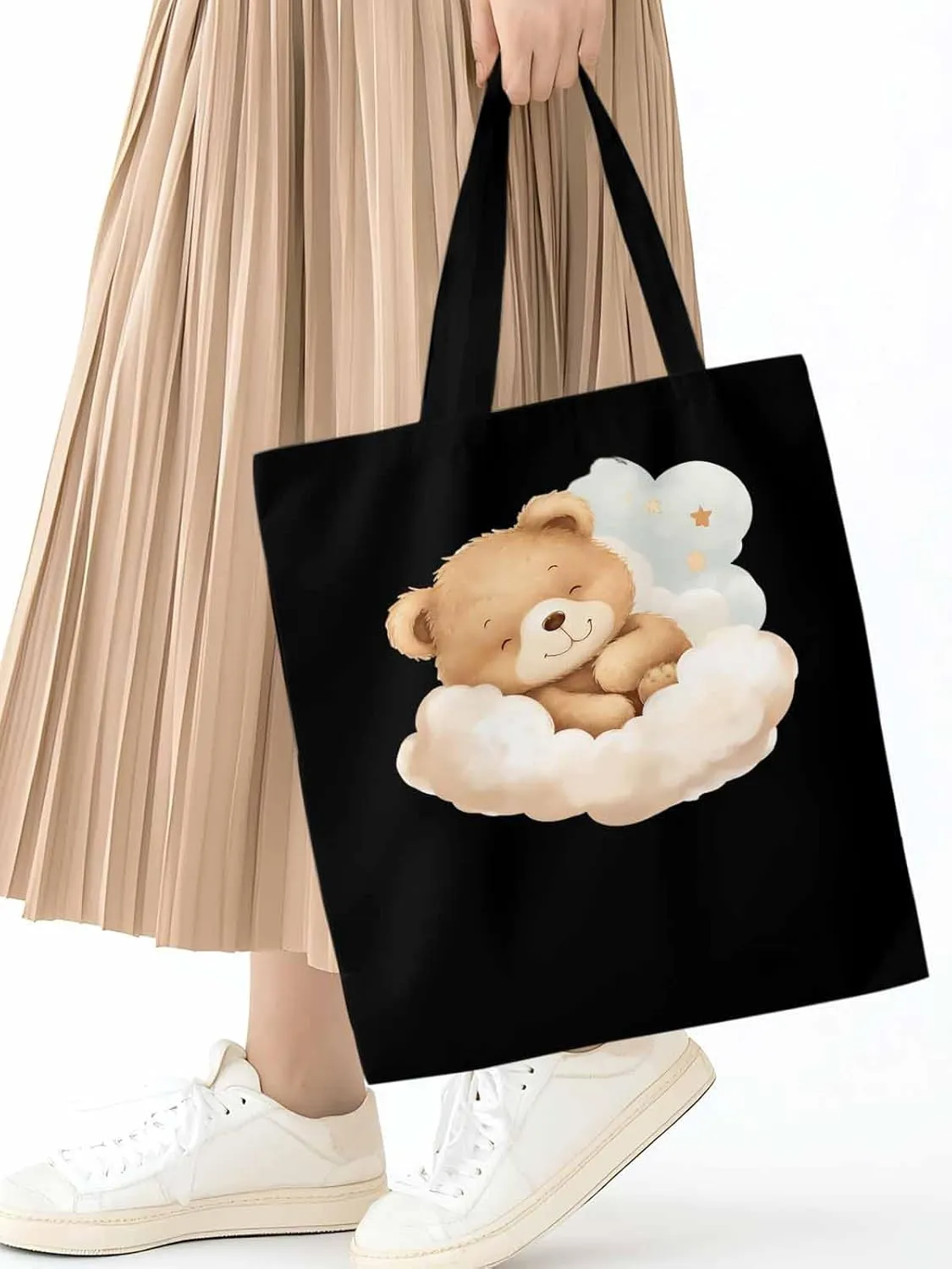 Canvas Tote Bag, Cute Animals Aesthetic Canvas Tote Handbags for Women Shoulder Bag Watercolor Clouds