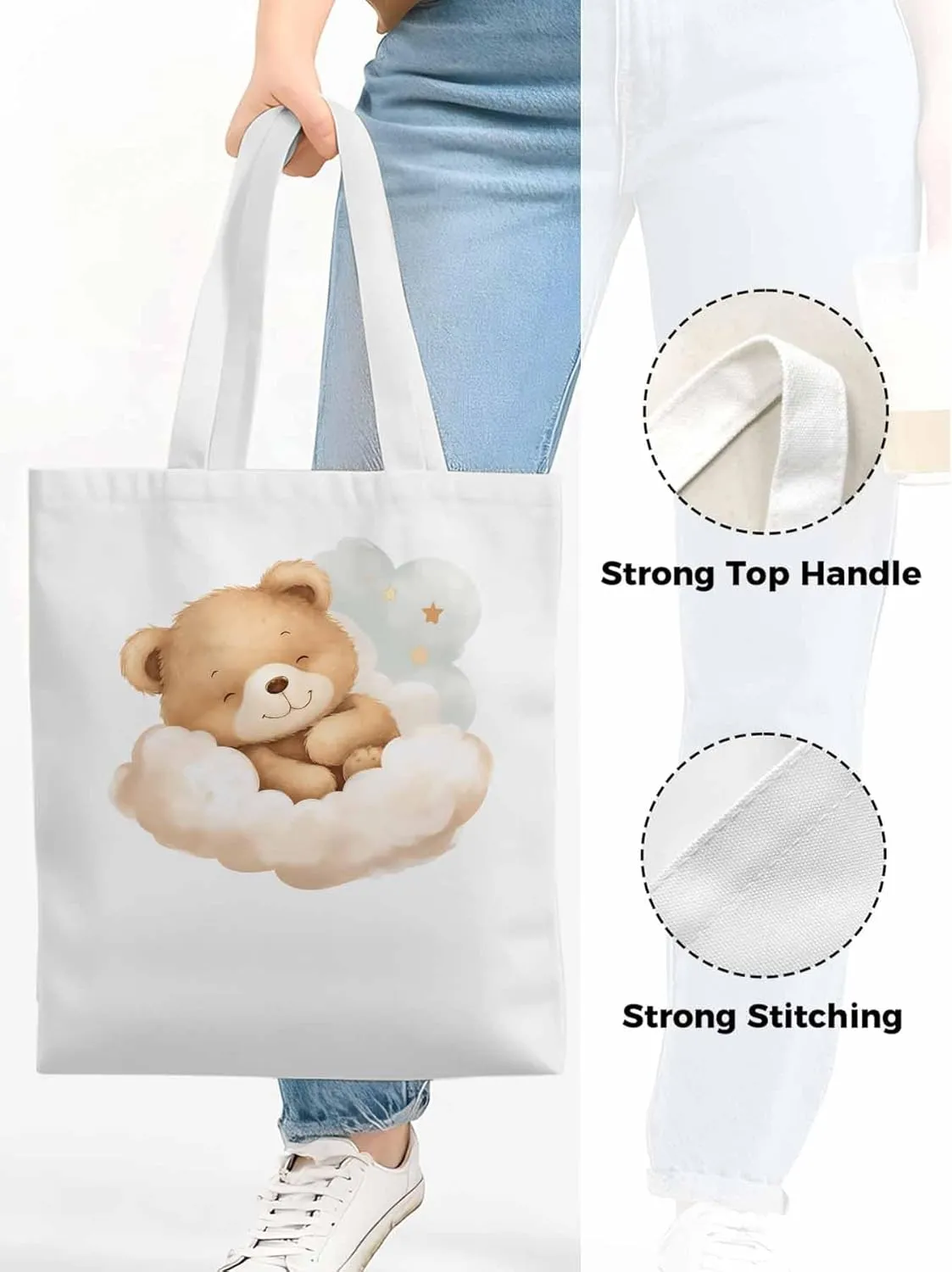 Canvas Tote Bag, Cute Animals Aesthetic Canvas Tote Handbags for Women Shoulder Bag Watercolor Clouds