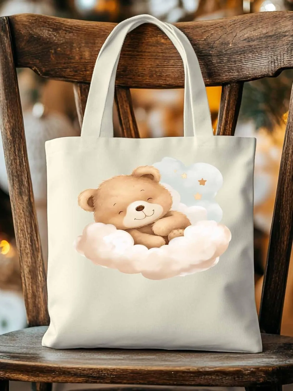 Canvas Tote Bag, Cute Animals Aesthetic Canvas Tote Handbags for Women Shoulder Bag Watercolor Clouds