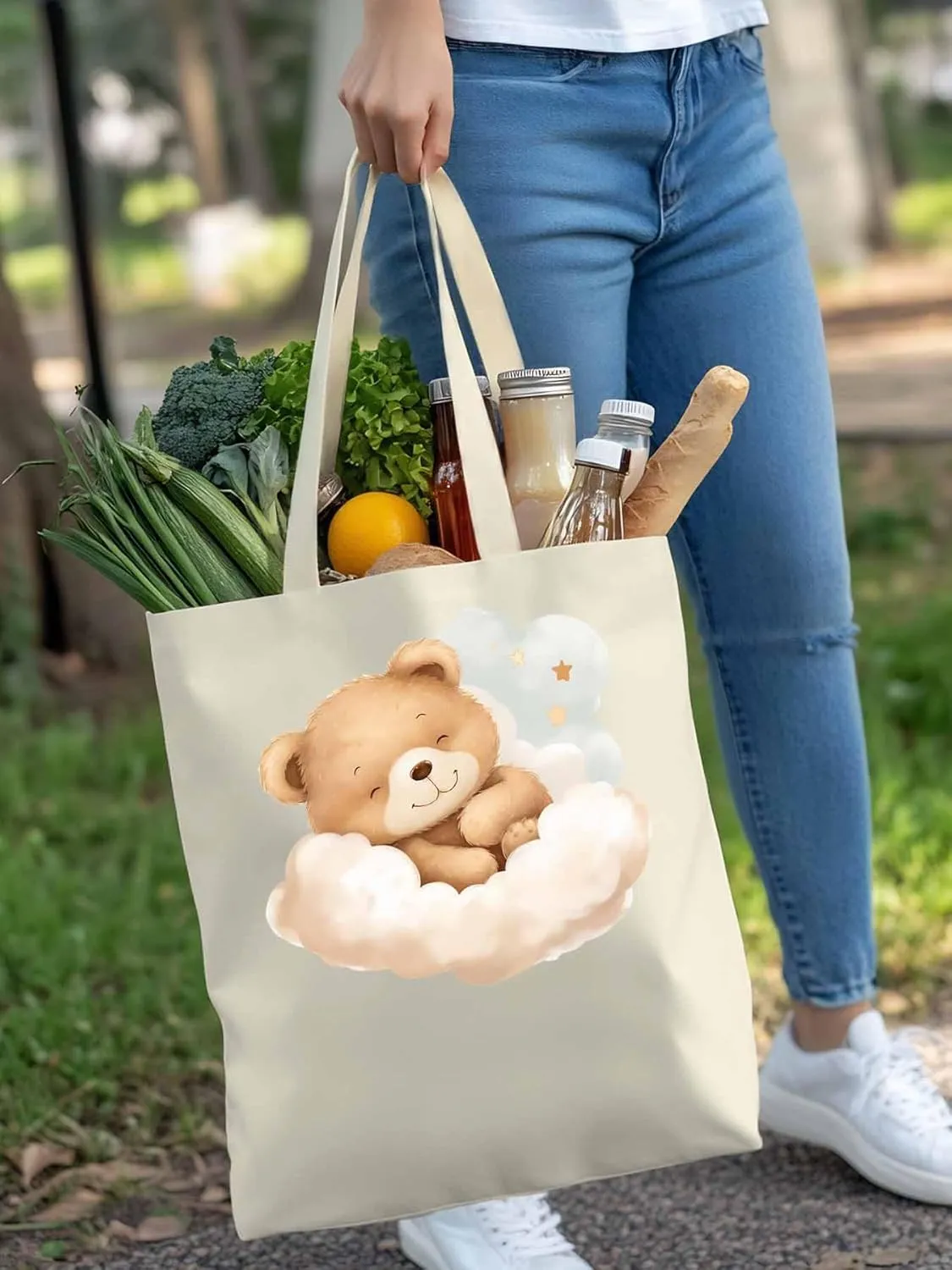 Canvas Tote Bag, Cute Animals Aesthetic Canvas Tote Handbags for Women Shoulder Bag Watercolor Clouds