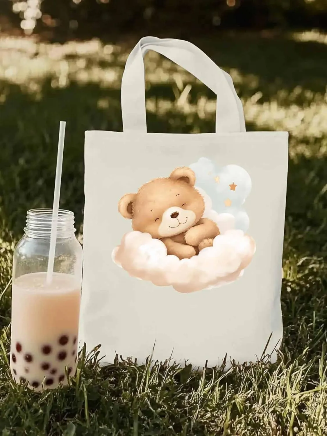 Canvas Tote Bag, Cute Animals Aesthetic Canvas Tote Handbags for Women Shoulder Bag Watercolor Clouds