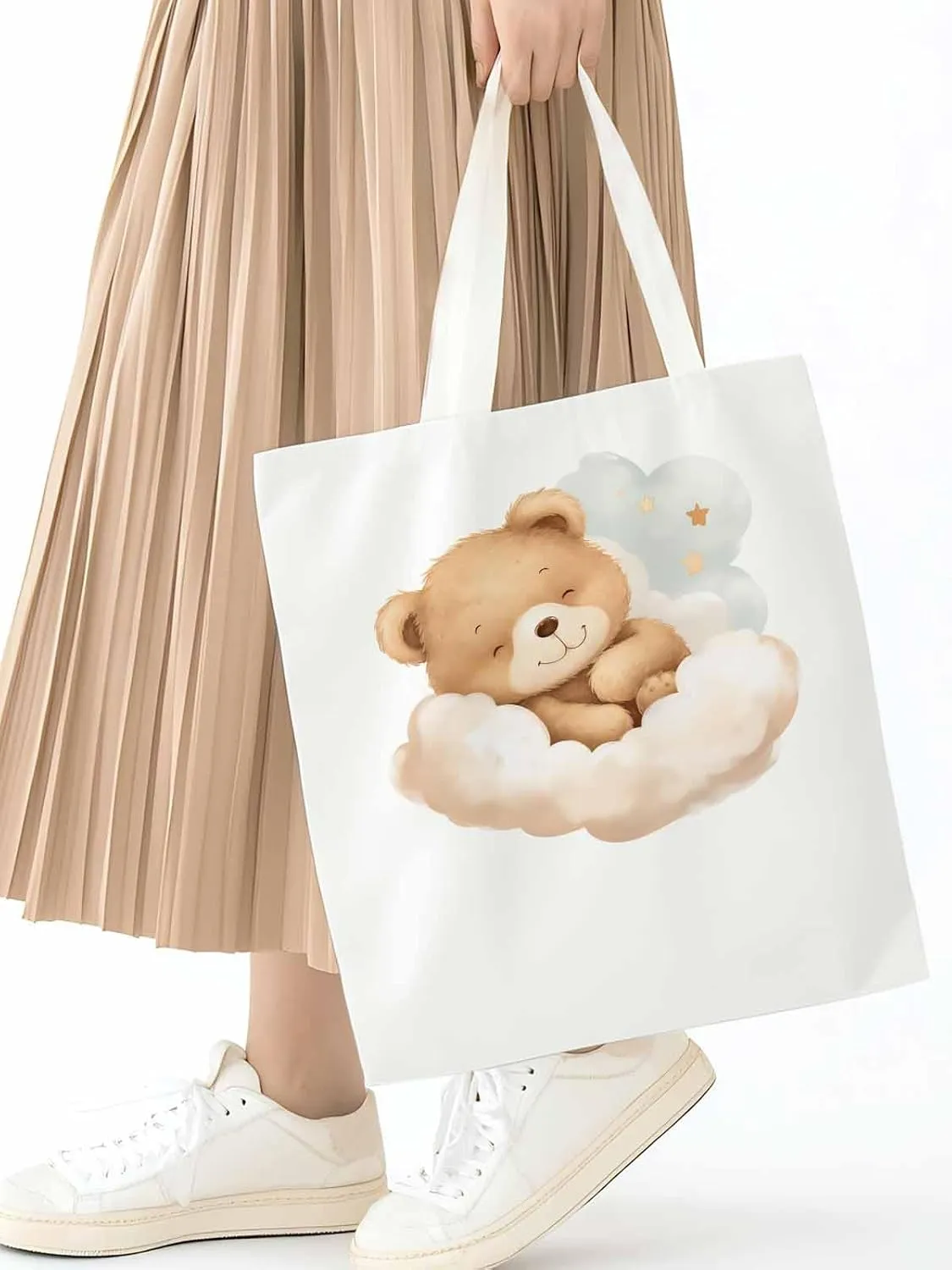 Canvas Tote Bag, Cute Animals Aesthetic Canvas Tote Handbags for Women Shoulder Bag Watercolor Clouds