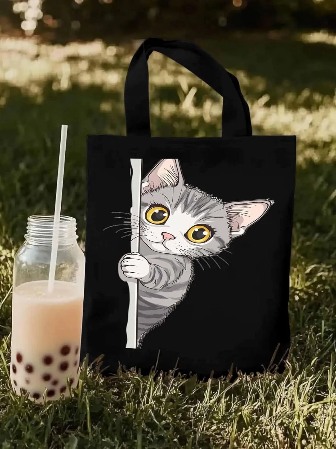 Canvas Tote Bag, Cute Cartoon Pet Cat Aesthetic Canvas Tote Handbags for Women Shoulder Bag,