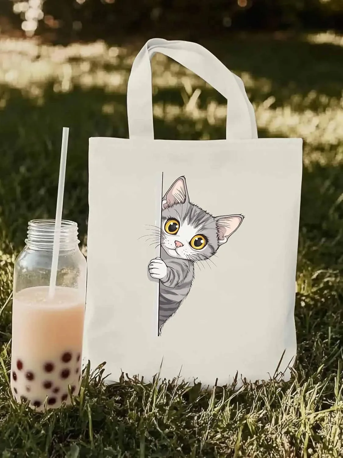 Canvas Tote Bag, Cute Cartoon Pet Cat Aesthetic Canvas Tote Handbags for Women Shoulder Bag,