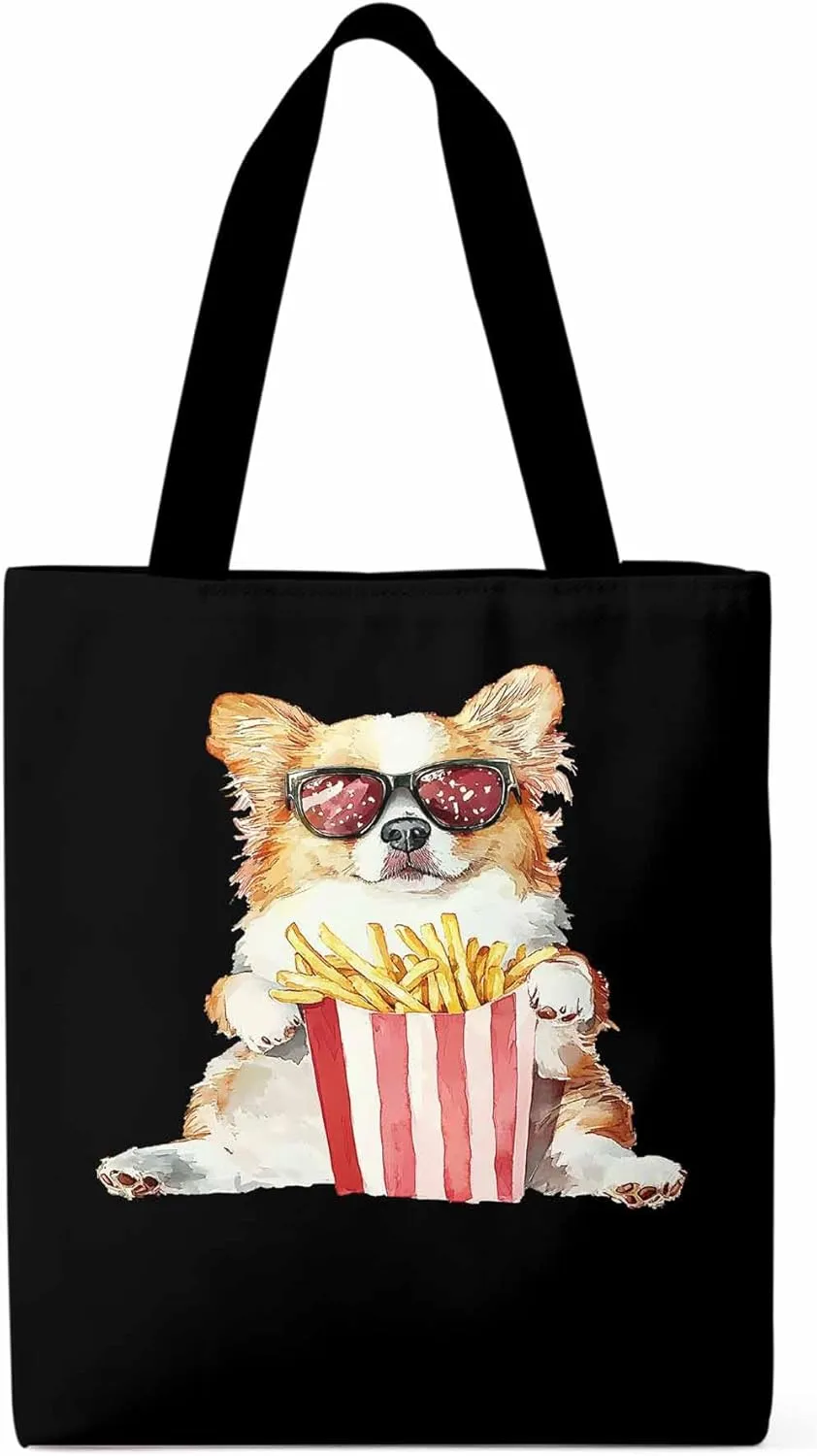 Canvas Tote Bag, Cute Funny Dog French Fries Aesthetic Canvas Tote Handbags for Women Shoulder Bag,