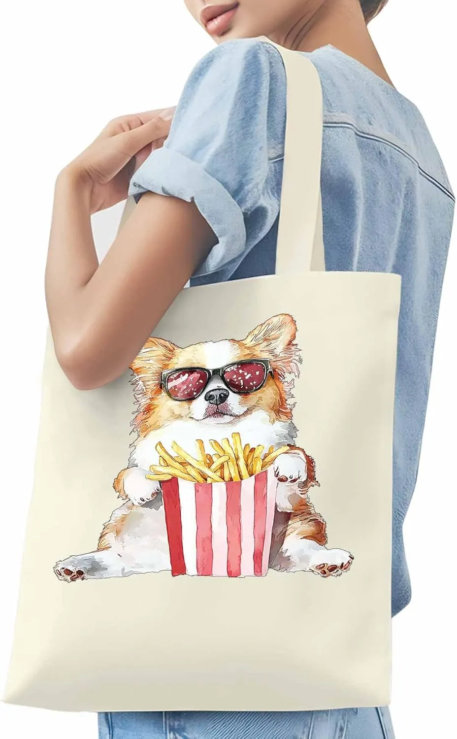 Canvas Tote Bag, Cute Funny Dog French Fries Aesthetic Canvas Tote Handbags for Women Shoulder Bag,