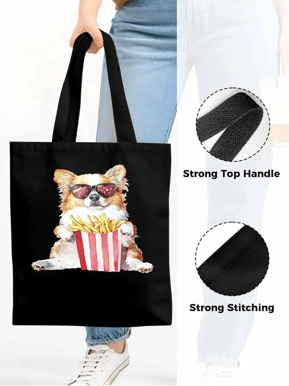 Canvas Tote Bag, Cute Funny Dog French Fries Aesthetic Canvas Tote Handbags for Women Shoulder Bag,