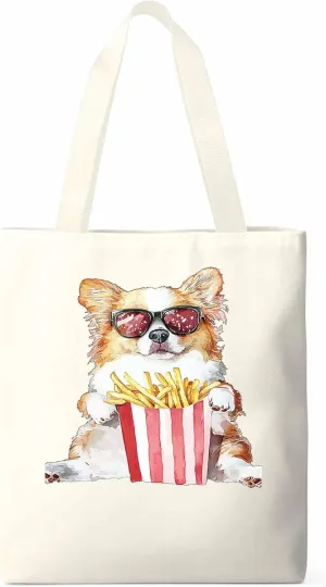 Canvas Tote Bag, Cute Funny Dog French Fries Aesthetic Canvas Tote Handbags for Women Shoulder Bag,