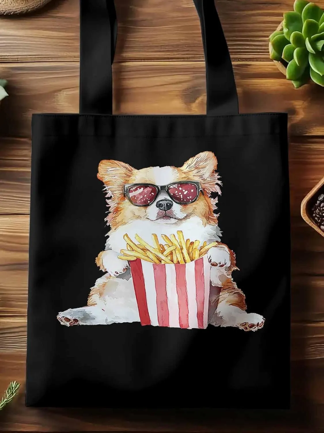 Canvas Tote Bag, Cute Funny Dog French Fries Aesthetic Canvas Tote Handbags for Women Shoulder Bag,