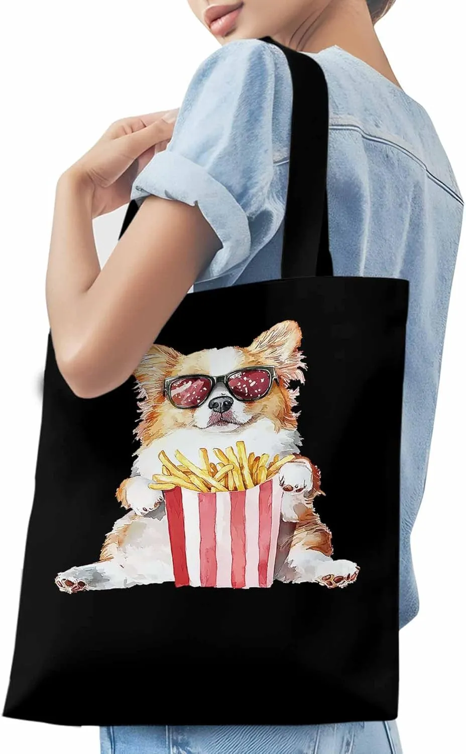 Canvas Tote Bag, Cute Funny Dog French Fries Aesthetic Canvas Tote Handbags for Women Shoulder Bag,