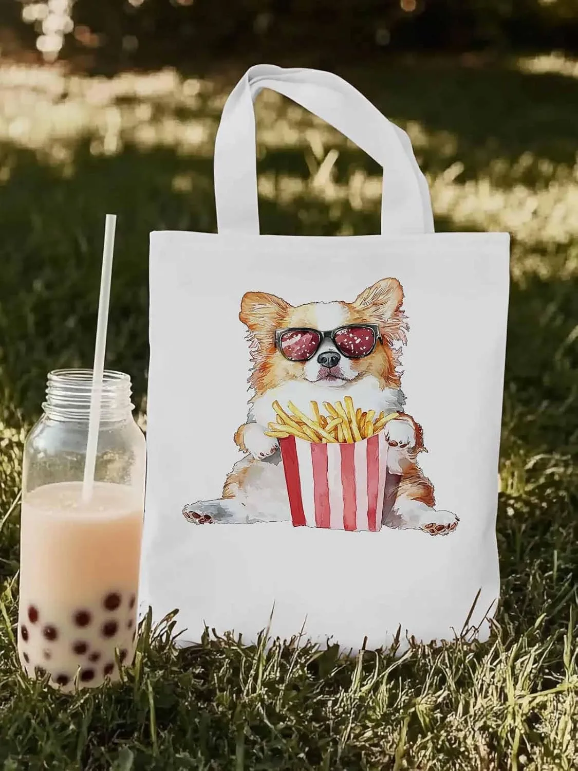 Canvas Tote Bag, Cute Funny Dog French Fries Aesthetic Canvas Tote Handbags for Women Shoulder Bag,
