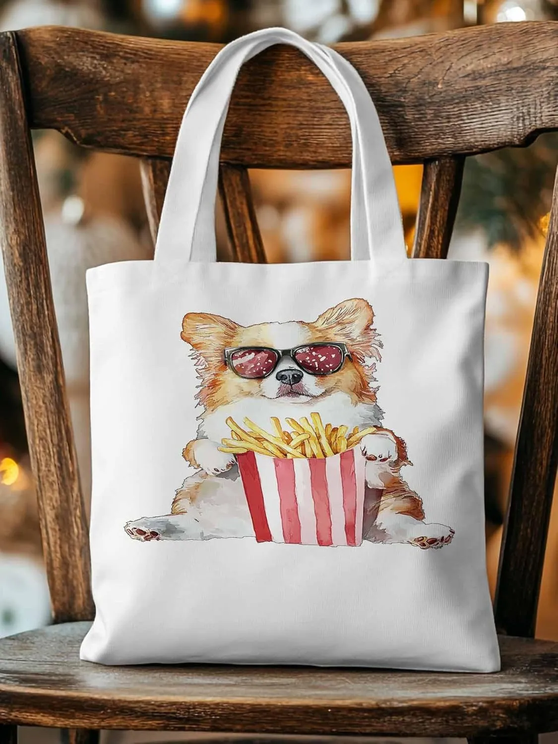 Canvas Tote Bag, Cute Funny Dog French Fries Aesthetic Canvas Tote Handbags for Women Shoulder Bag,