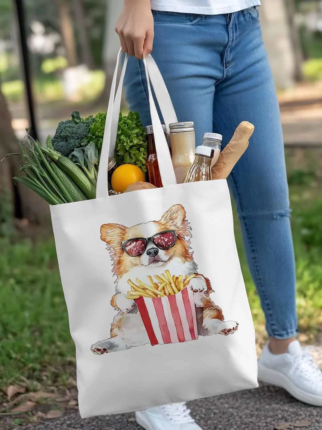 Canvas Tote Bag, Cute Funny Dog French Fries Aesthetic Canvas Tote Handbags for Women Shoulder Bag,