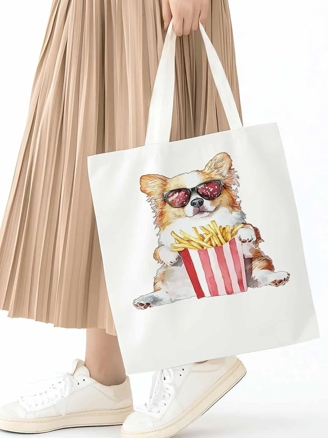 Canvas Tote Bag, Cute Funny Dog French Fries Aesthetic Canvas Tote Handbags for Women Shoulder Bag,