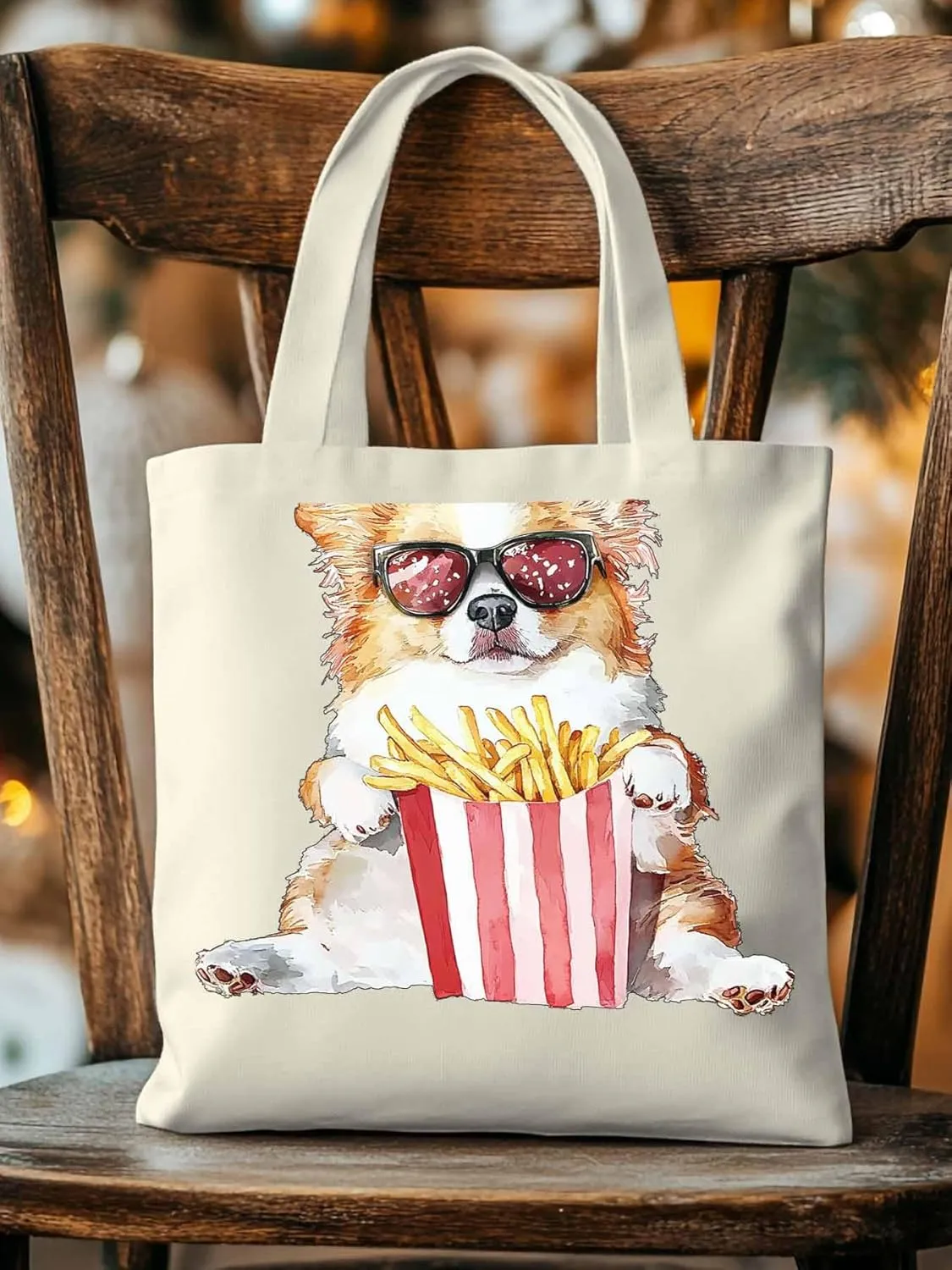Canvas Tote Bag, Cute Funny Dog French Fries Aesthetic Canvas Tote Handbags for Women Shoulder Bag,