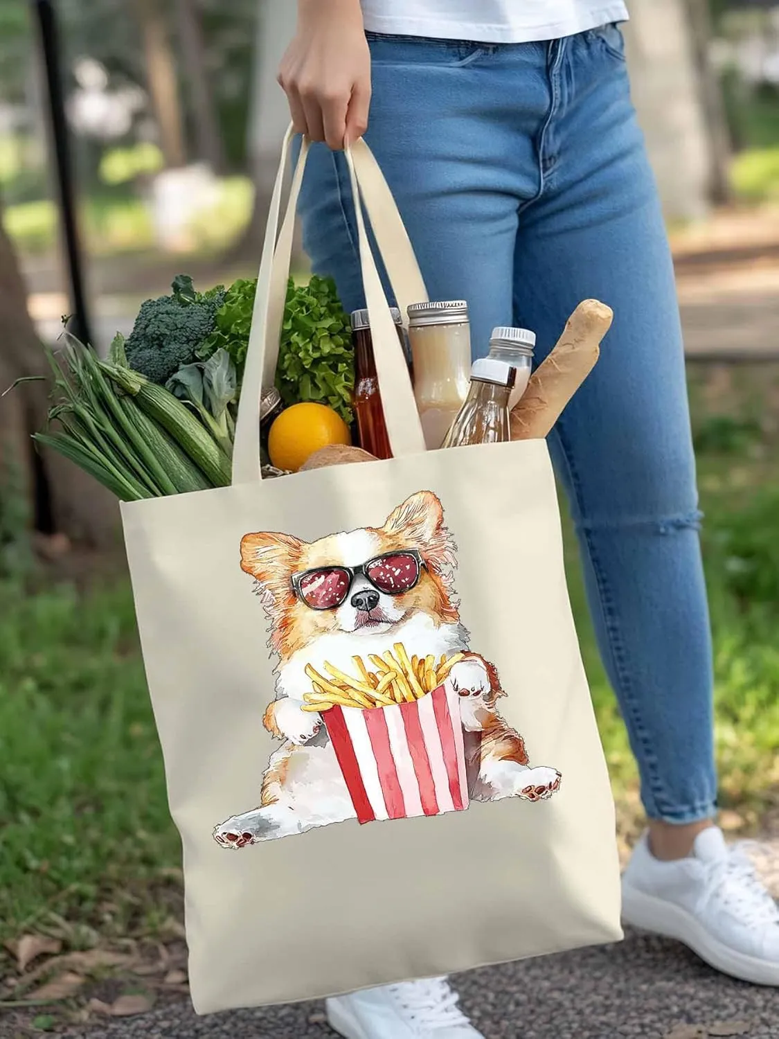 Canvas Tote Bag, Cute Funny Dog French Fries Aesthetic Canvas Tote Handbags for Women Shoulder Bag,