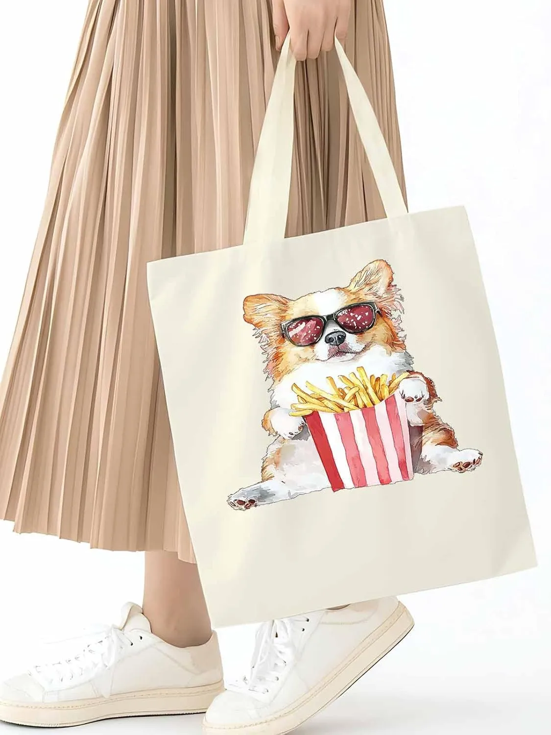 Canvas Tote Bag, Cute Funny Dog French Fries Aesthetic Canvas Tote Handbags for Women Shoulder Bag,