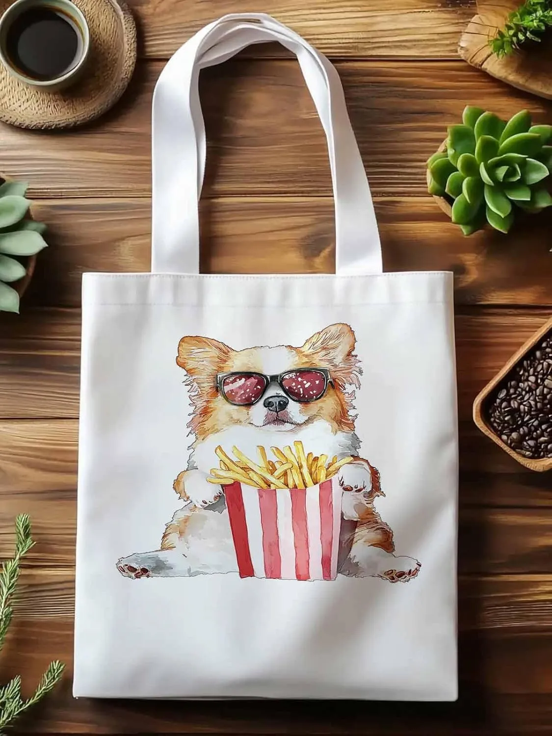 Canvas Tote Bag, Cute Funny Dog French Fries Aesthetic Canvas Tote Handbags for Women Shoulder Bag,