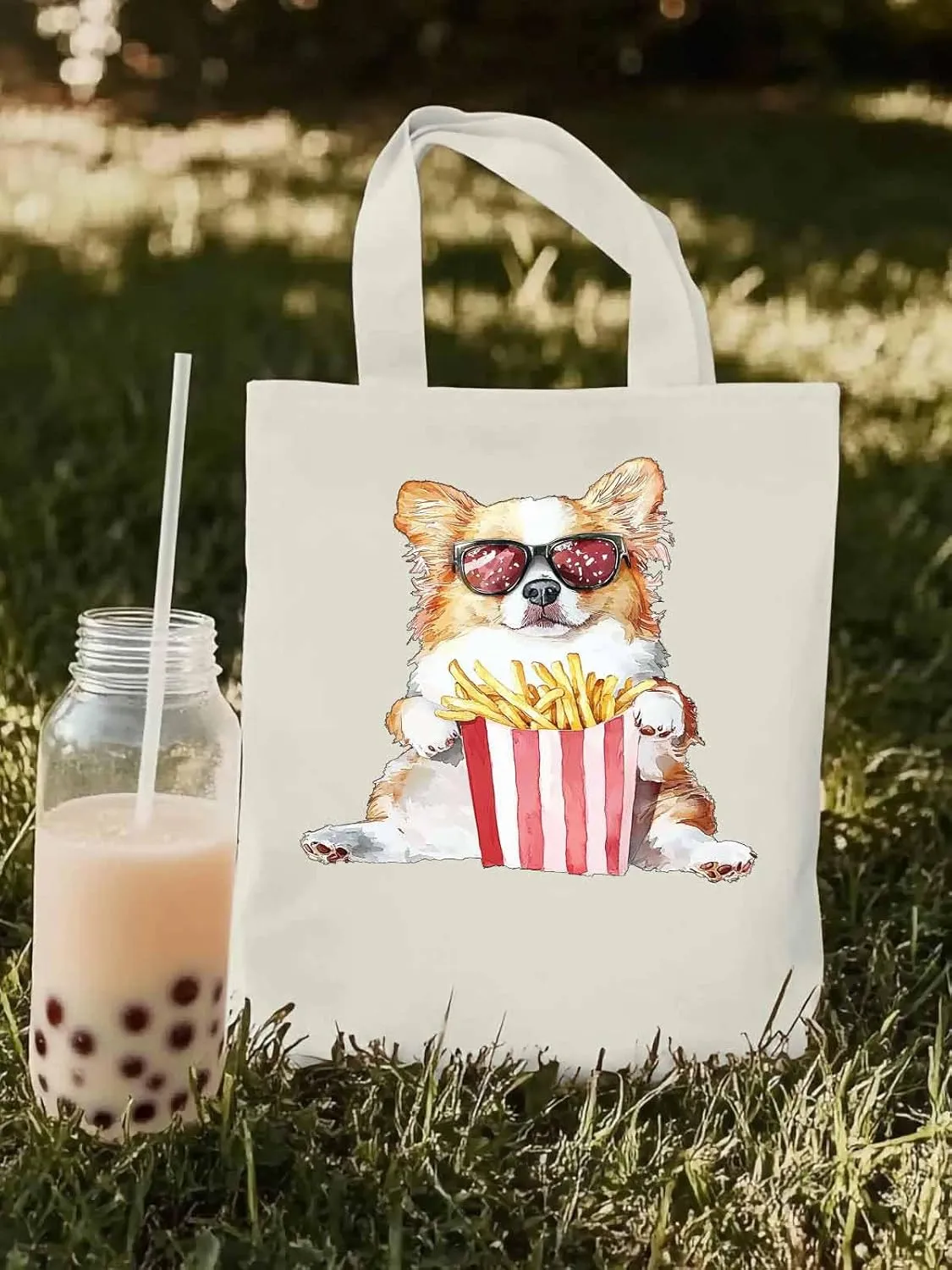 Canvas Tote Bag, Cute Funny Dog French Fries Aesthetic Canvas Tote Handbags for Women Shoulder Bag,