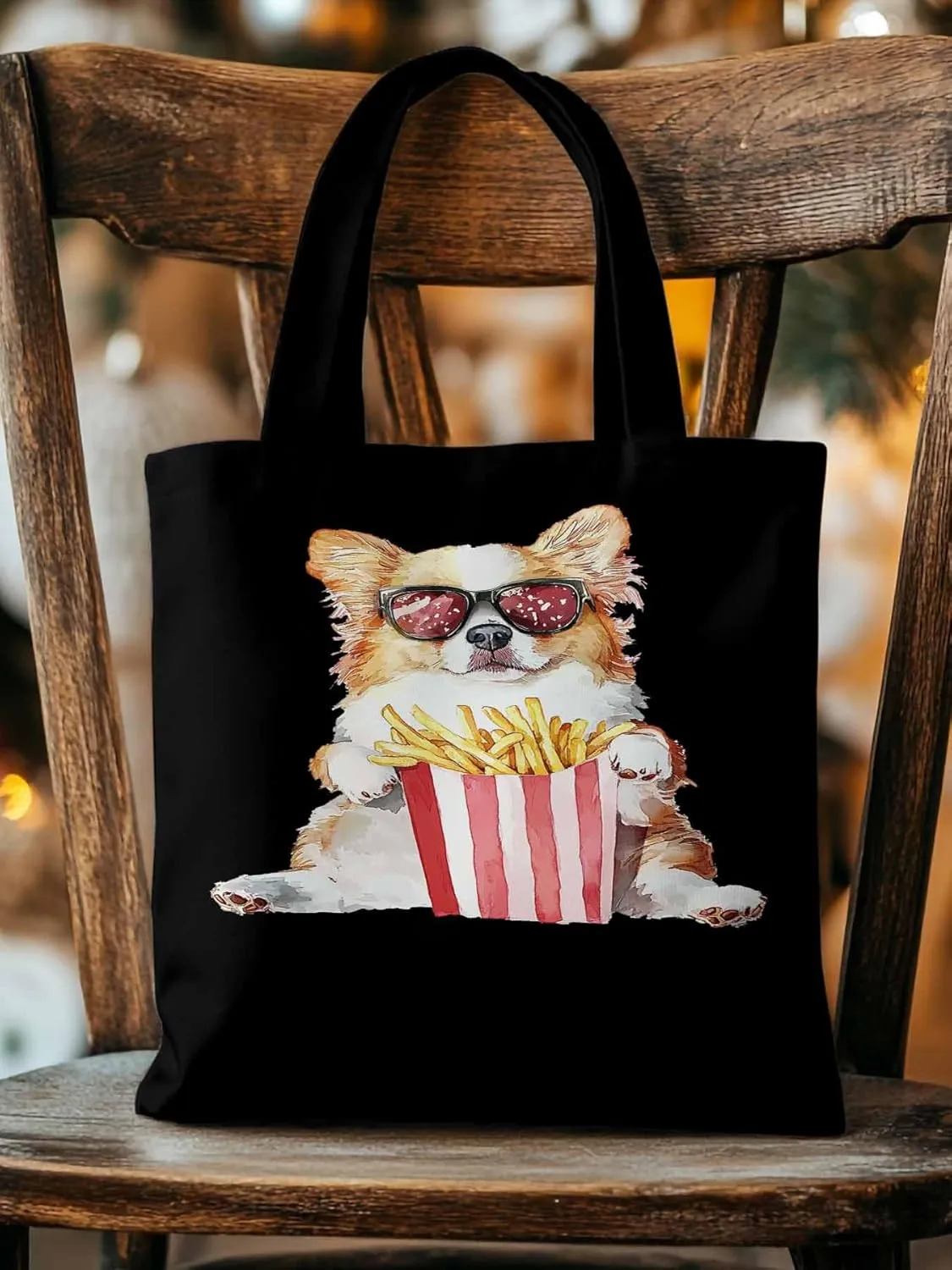 Canvas Tote Bag, Cute Funny Dog French Fries Aesthetic Canvas Tote Handbags for Women Shoulder Bag,