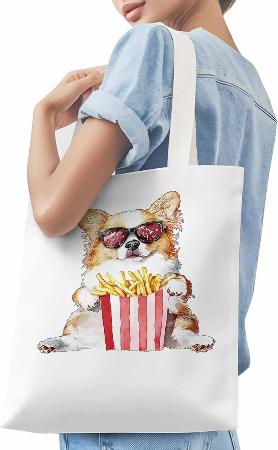 Canvas Tote Bag, Cute Funny Dog French Fries Aesthetic Canvas Tote Handbags for Women Shoulder Bag,