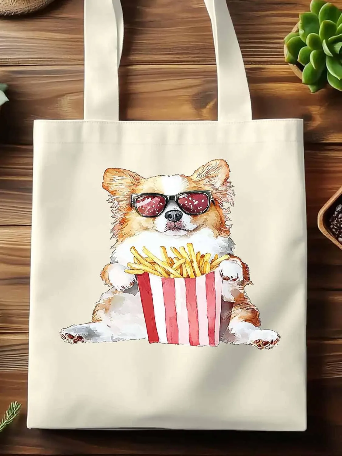 Canvas Tote Bag, Cute Funny Dog French Fries Aesthetic Canvas Tote Handbags for Women Shoulder Bag,