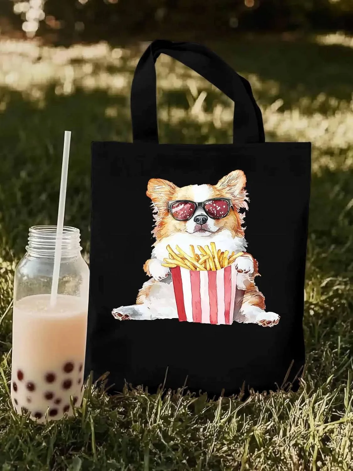 Canvas Tote Bag, Cute Funny Dog French Fries Aesthetic Canvas Tote Handbags for Women Shoulder Bag,