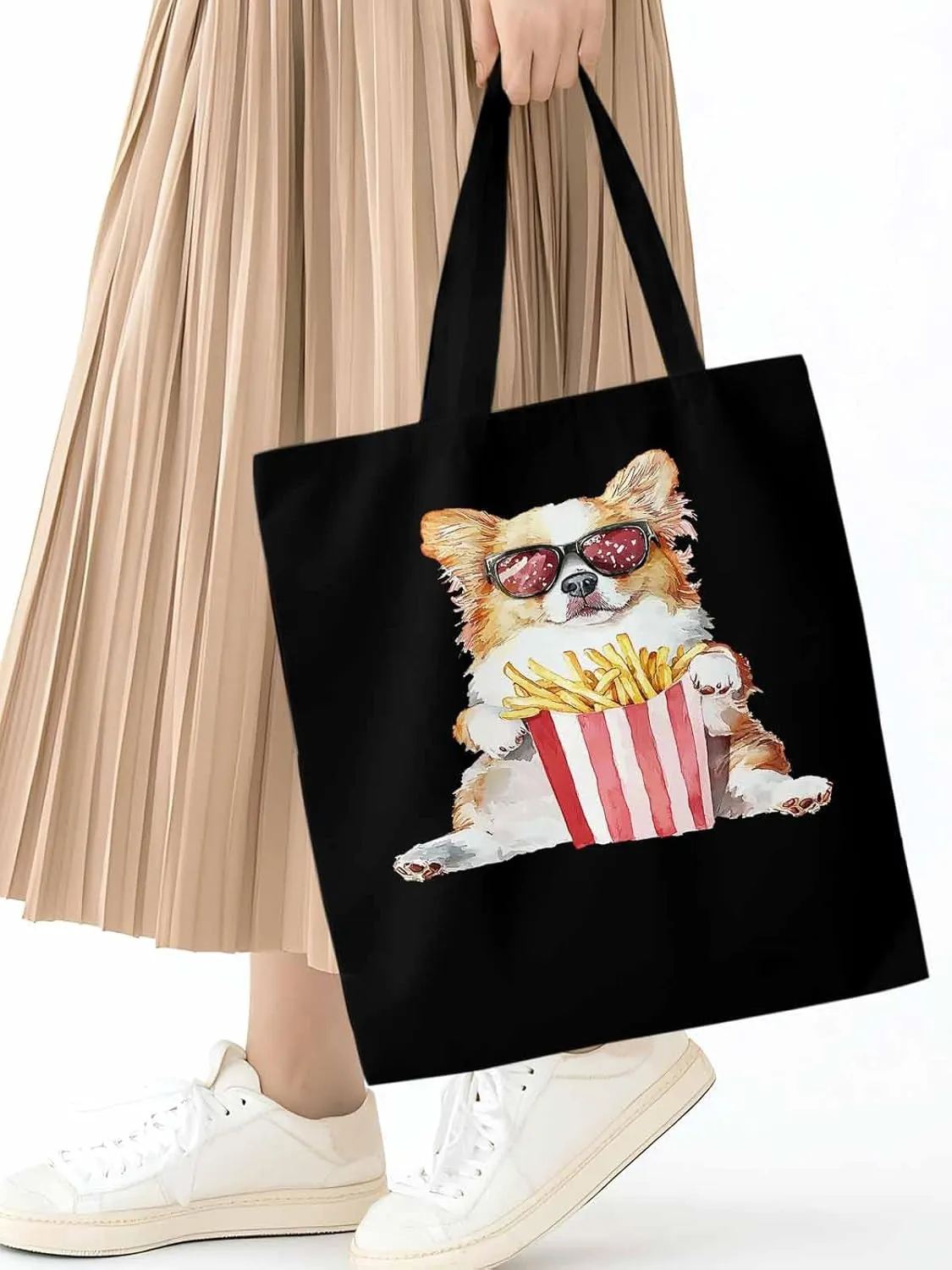 Canvas Tote Bag, Cute Funny Dog French Fries Aesthetic Canvas Tote Handbags for Women Shoulder Bag,