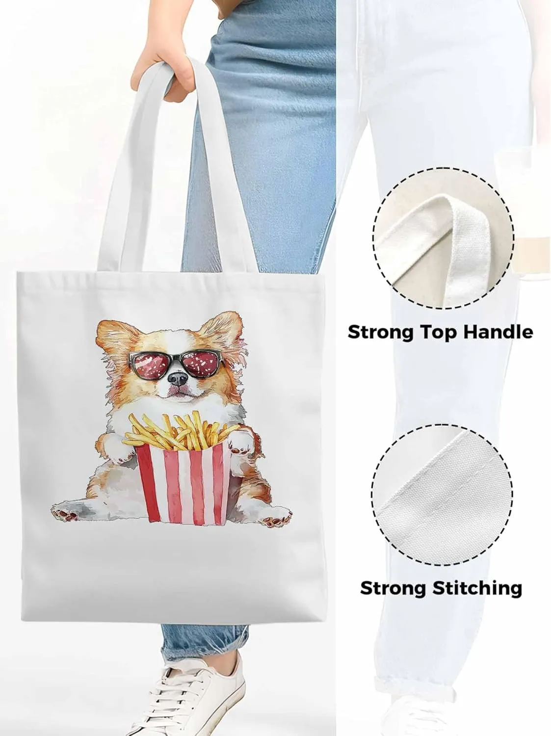 Canvas Tote Bag, Cute Funny Dog French Fries Aesthetic Canvas Tote Handbags for Women Shoulder Bag,